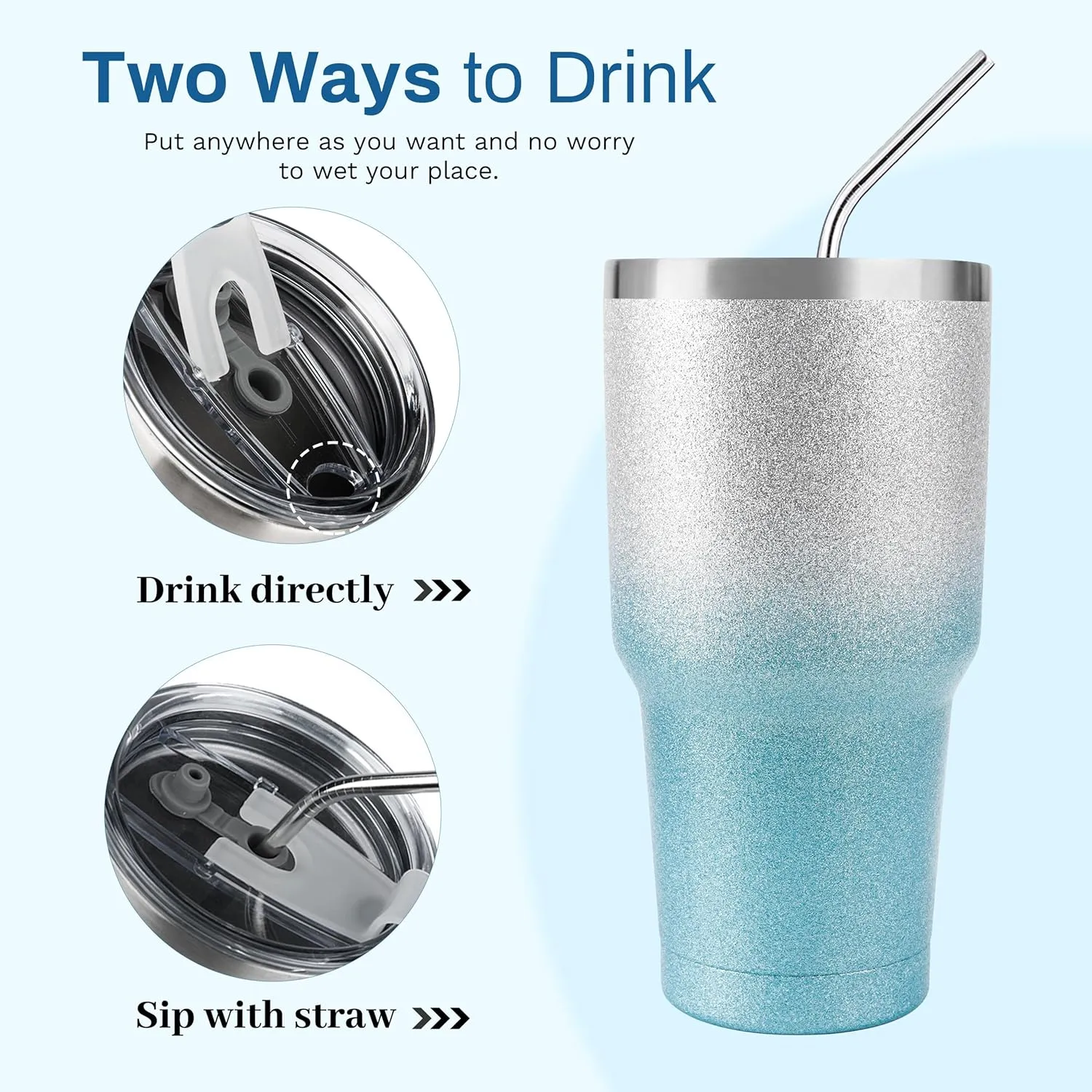 D·S 30 oz Tumbler Blue Glitter Gradient Cup Stainless Steel Double Wall Vacuum Insulated Mug with Straw and Lid, Cleaning Brush for Cold and Hot Beverages