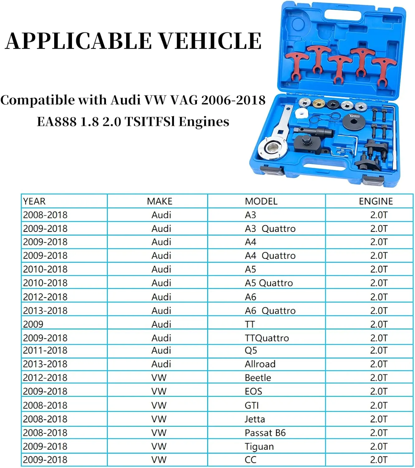 EA888 1.8 2.0 TSI TFSI Camshaft Crankshaft Engine Timing Tool Kit, Compatible with Audi 2.0T, VW VAG 2006-2018, T10354 T10355 T40271 T10352 T10368 T40196 T40191 T40267 T40266 T40011, 28 Pcs