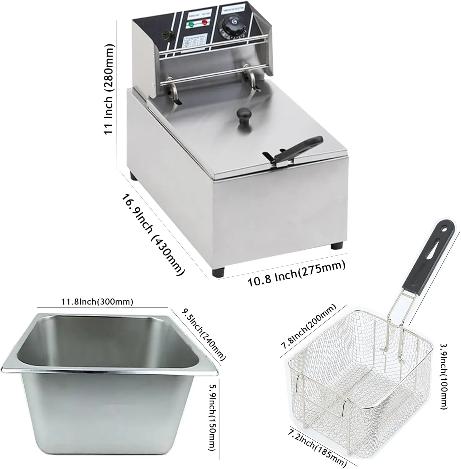 Electric Deep Fryer 6 Liter Stainless Steel French Fries Fryer Pan Economic Type Home Use Party use or Small Commercial Use Counter Top 6QT 110V 120-460°F Chicken Fryer DISCOUNT