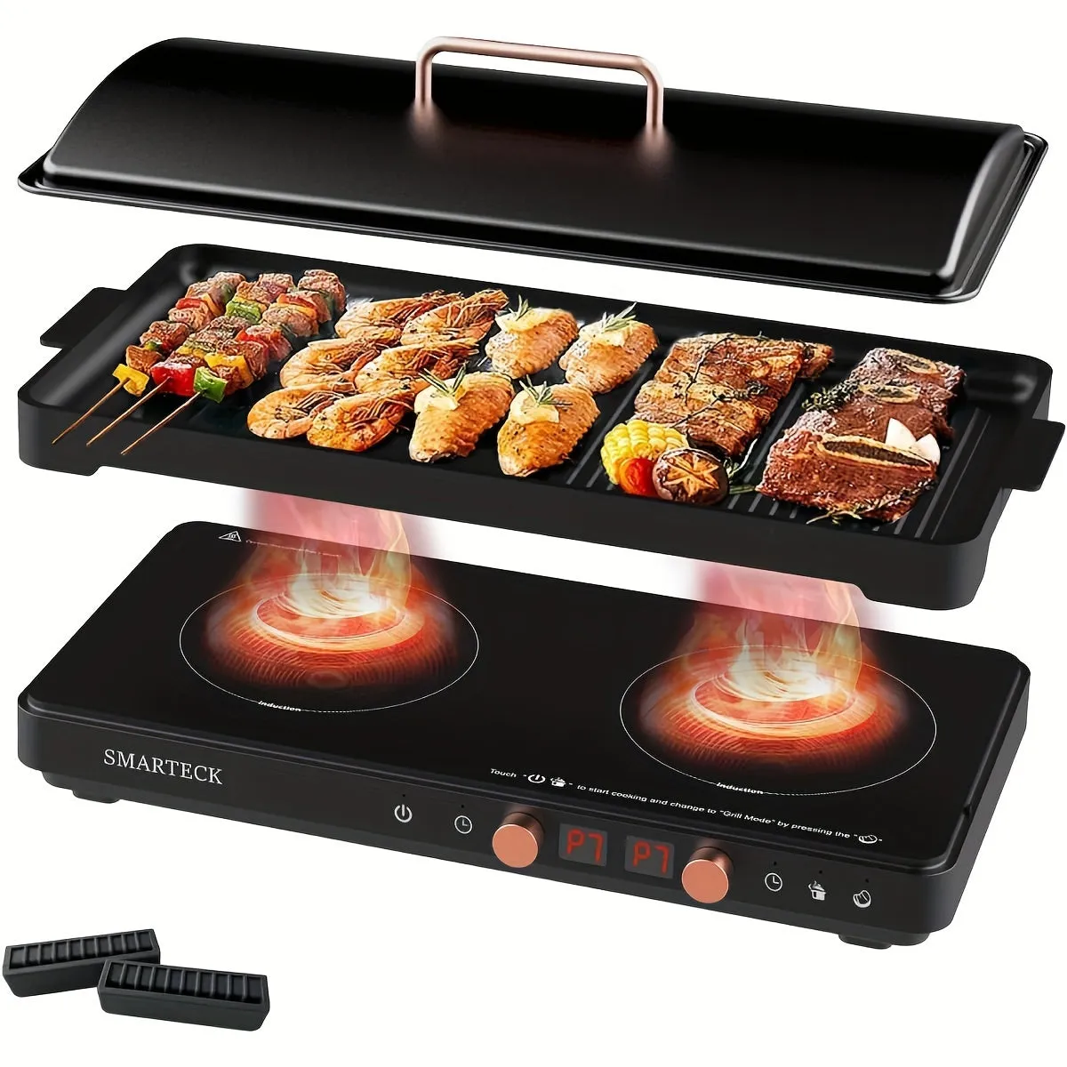 [Electric Griddle & Induction Cooktop] 2-in-1 Electric Griddle & Induction Cooktop - Removable Non-stick Griddle Pan, Dual Independent Temperature Control Options With Timer - 1800W For Kitchen And Outdoor BBQ