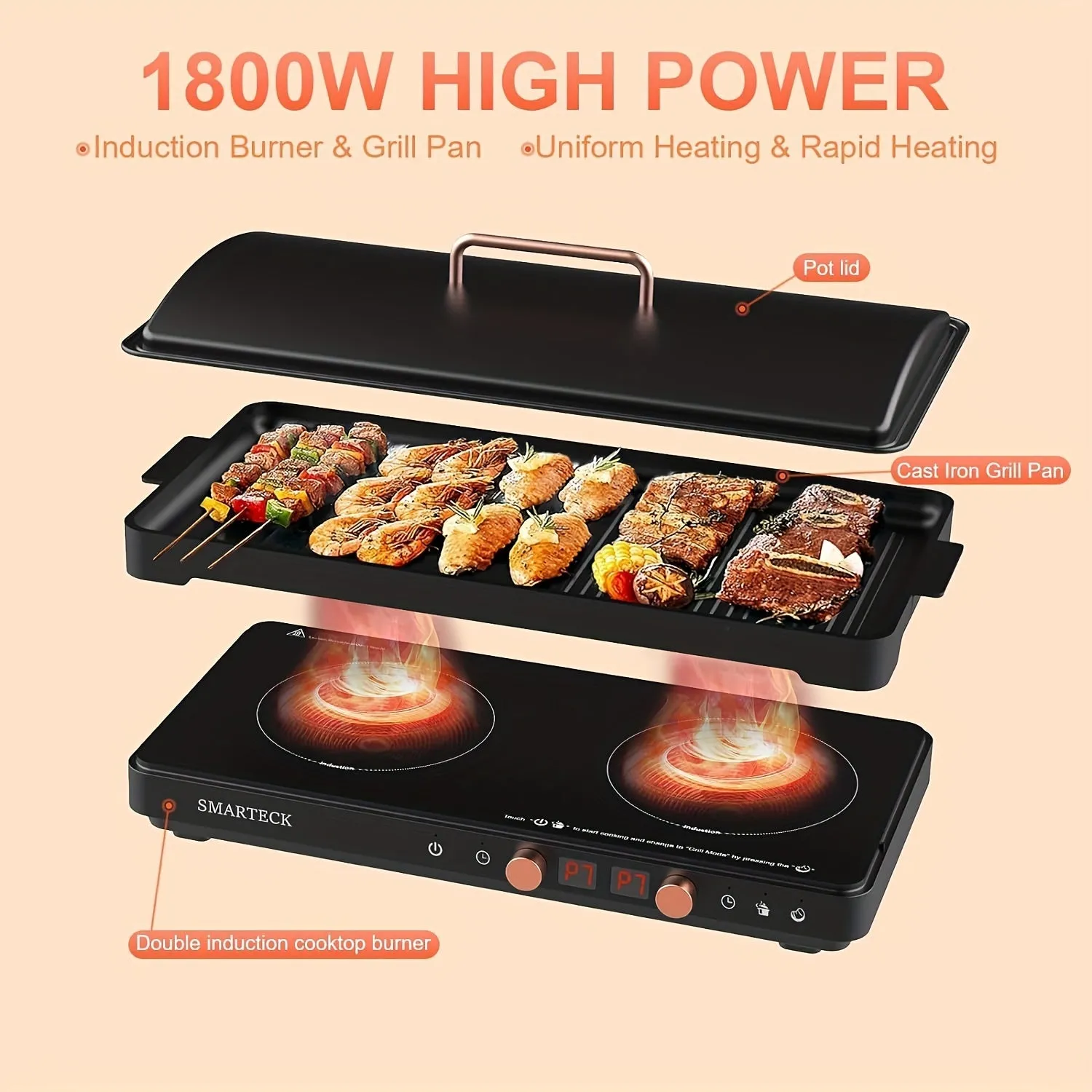 [Electric Griddle & Induction Cooktop] 2-in-1 Electric Griddle & Induction Cooktop - Removable Non-stick Griddle Pan, Dual Independent Temperature Control Options With Timer - 1800W For Kitchen And Outdoor BBQ