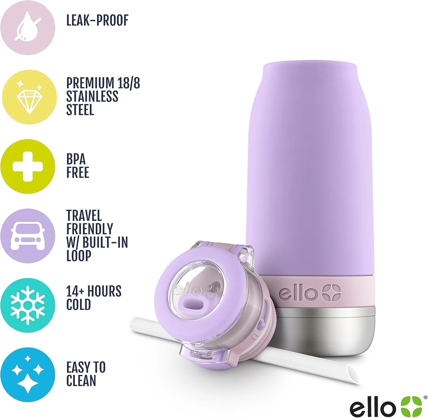 Ello Emma 14oz Vacuum Insulated Stainless Steel Kids Water Bottle with Straw and Built-in Carrying Handle and Leak-Proof Locking Lid for School Backpack, Lunchbox and Outdoor Sports, Lilac