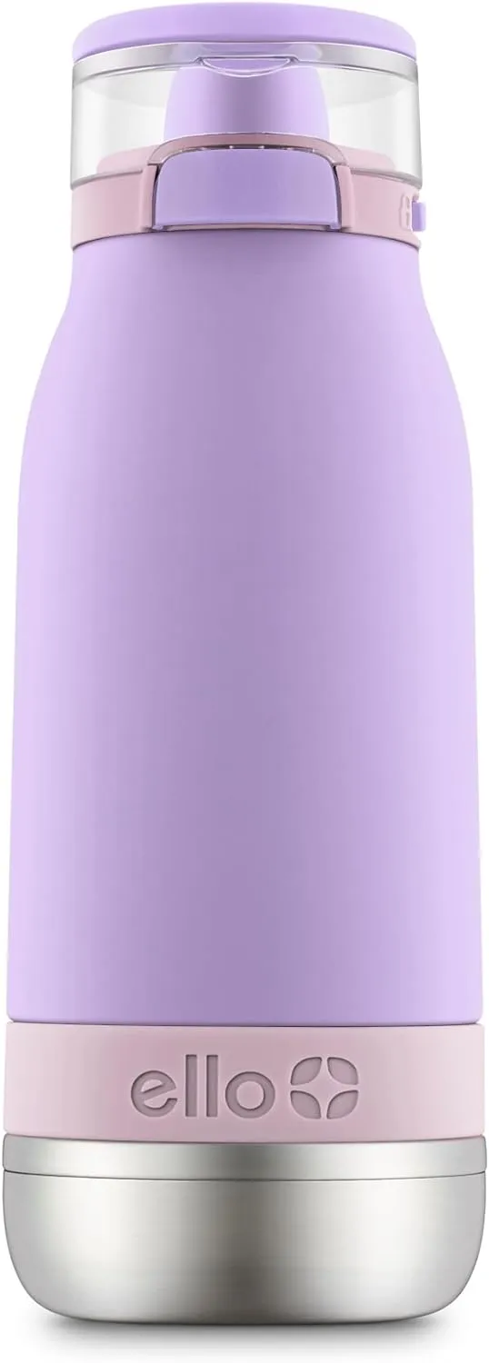 Ello Emma 14oz Vacuum Insulated Stainless Steel Kids Water Bottle with Straw and Built-in Carrying Handle and Leak-Proof Locking Lid for School Backpack, Lunchbox and Outdoor Sports, Lilac