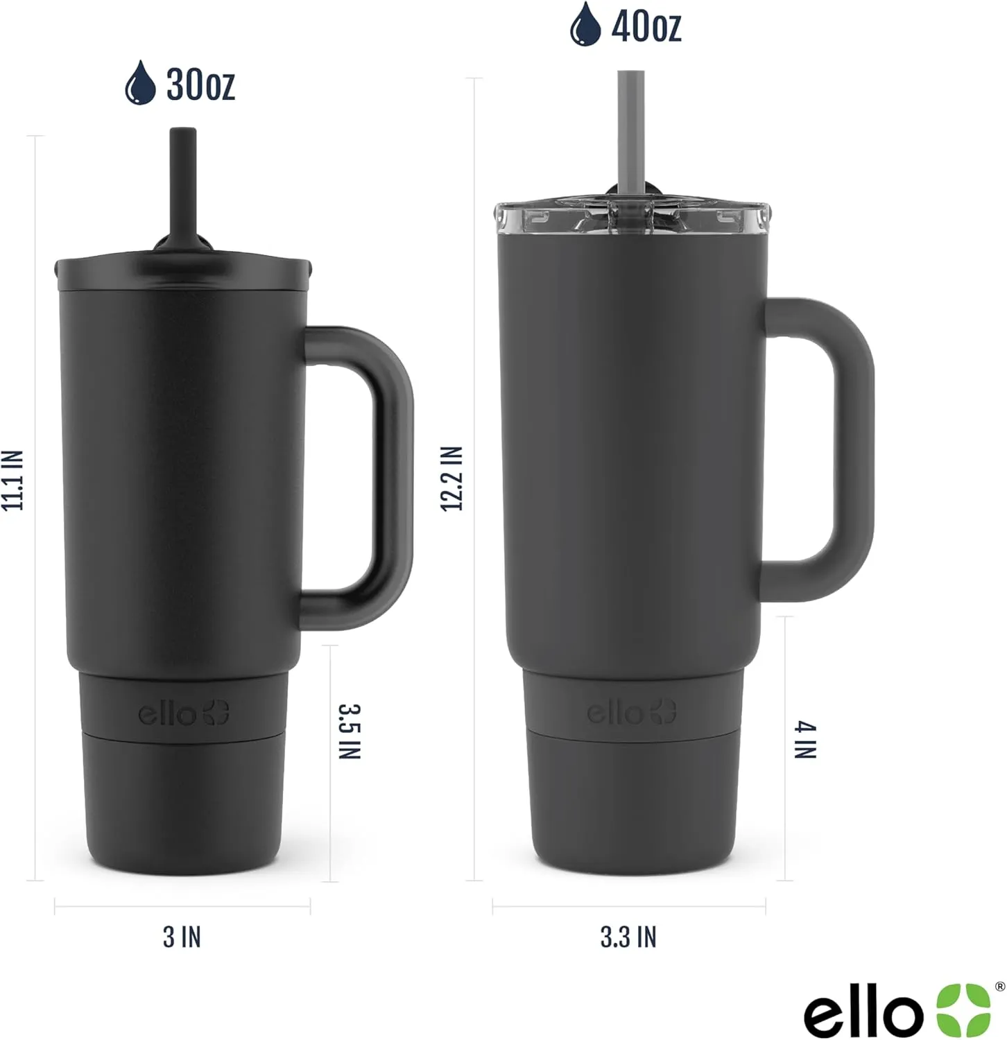Ello Port 30oz Tumbler with Carry Loop & Integrated Handle | Vacuum Insulated Stainless Steel Reusable Water Bottle Travel Mug | Leak Proof Lid | Flexible Straw | BPA-Free | Dishwasher Safe | Black