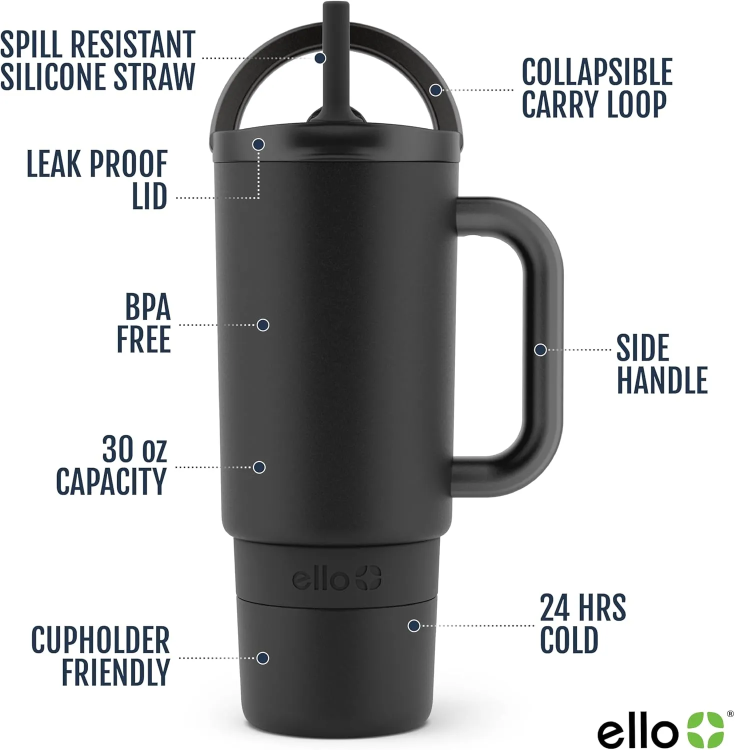Ello Port 30oz Tumbler with Carry Loop & Integrated Handle | Vacuum Insulated Stainless Steel Reusable Water Bottle Travel Mug | Leak Proof Lid | Flexible Straw | BPA-Free | Dishwasher Safe | Black