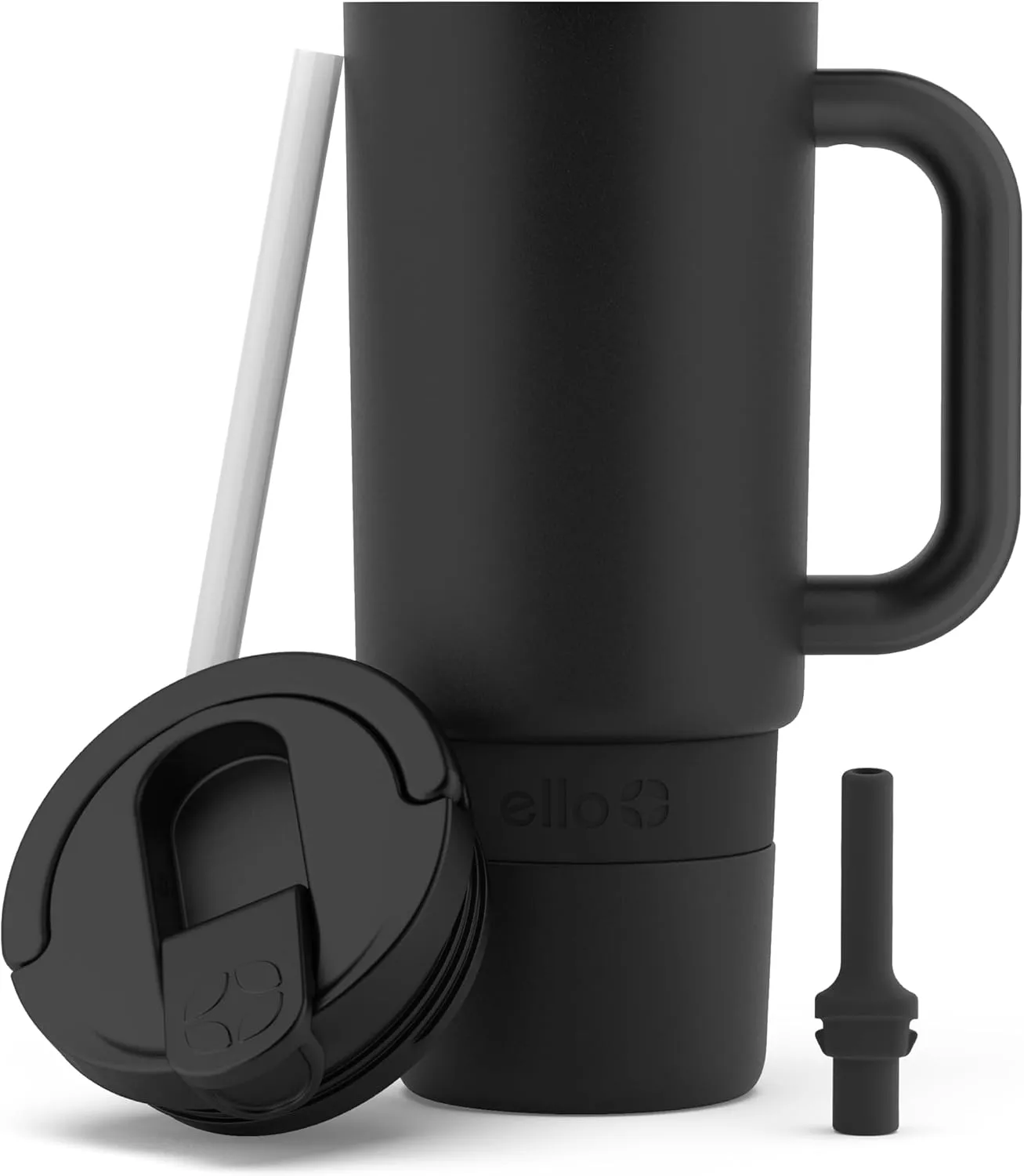 Ello Port 30oz Tumbler with Carry Loop & Integrated Handle | Vacuum Insulated Stainless Steel Reusable Water Bottle Travel Mug | Leak Proof Lid | Flexible Straw | BPA-Free | Dishwasher Safe | Black