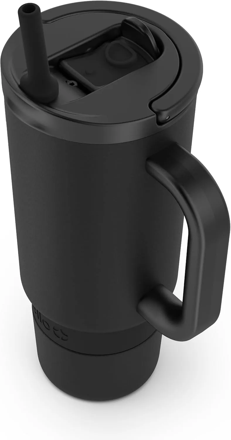 Ello Port 30oz Tumbler with Carry Loop & Integrated Handle | Vacuum Insulated Stainless Steel Reusable Water Bottle Travel Mug | Leak Proof Lid | Flexible Straw | BPA-Free | Dishwasher Safe | Black