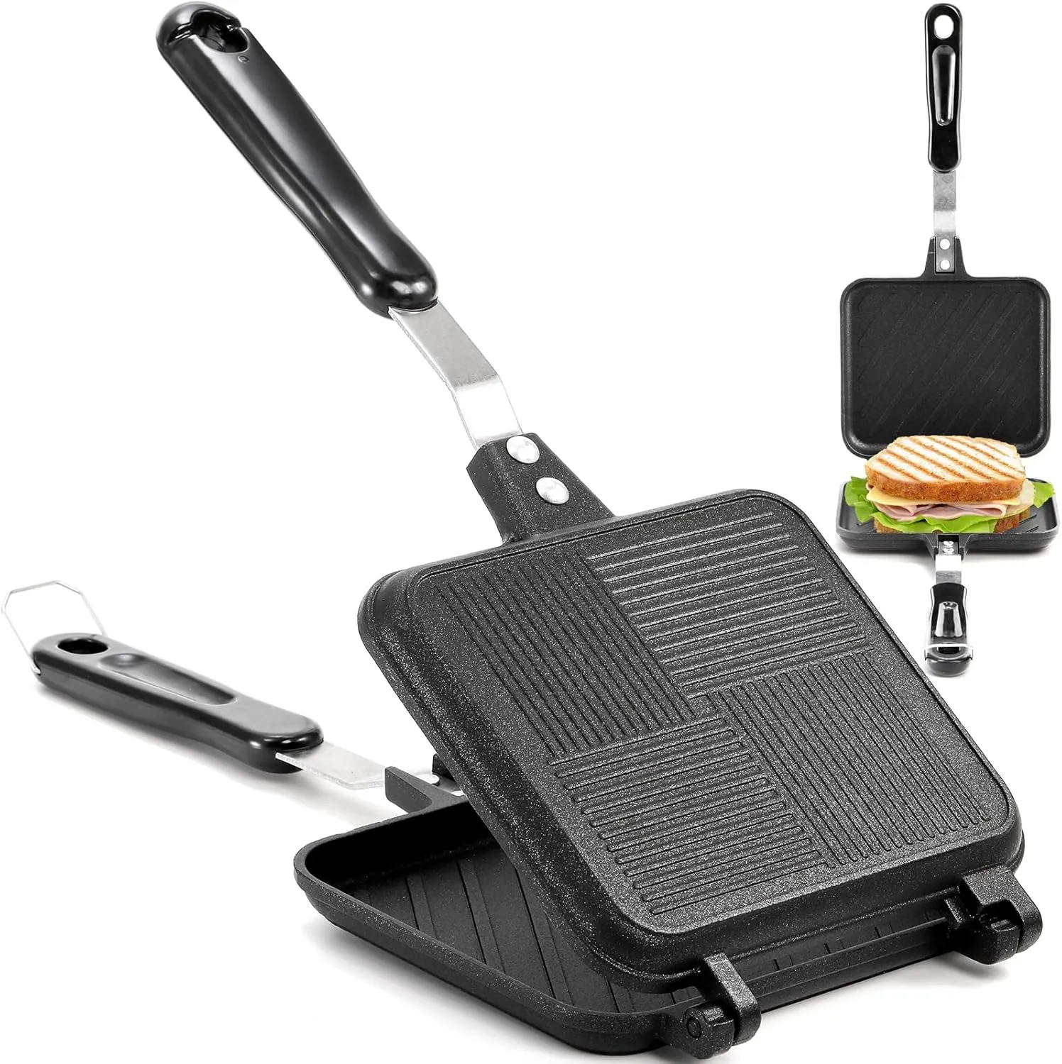 Elsjoy Hot Sandwich Panini Maker with Handle, Non-Stick Double Sided Frying Pan Grilled Sandwich Maker, Stovetop Toasted Sandwich Press for Home, Kitchen, Breakfast