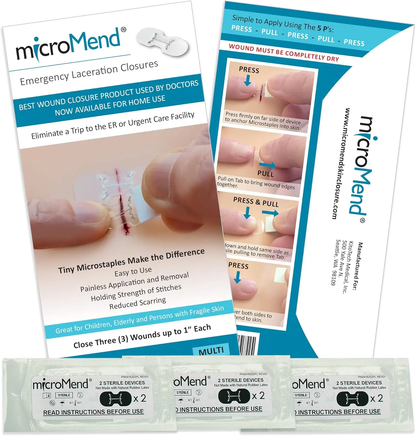 Emergency Wound Closures Surgical Quality Laceration Repair Without Stitches - Think Ahead - Be Prepared - Add to Your Survival Kit, Camping Gear (Multi Pack - 3 Packs of 2 Medium Devices)