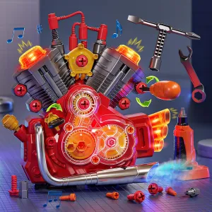 Engine Building Kit, Kids Mechanic Toys for Motorcycle Engine Toy, STEM Engine Model Kit Toy with Cool Light and Music, Educational Science Building for Boys Age 3 Year Old Mechanic Tools (Red)