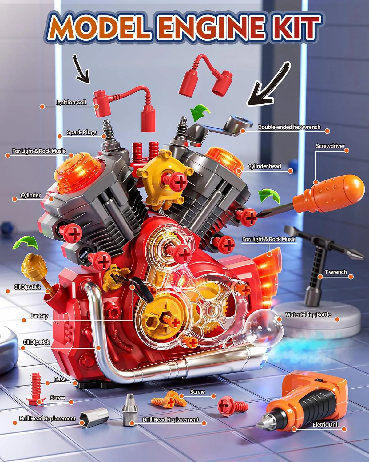 Engine Building Kit, Kids Mechanic Toys for Motorcycle Engine Toy, STEM Engine Model Kit Toy with Cool Light and Music, Educational Science Building for Boys Age 3 Year Old Mechanic Tools (Red)