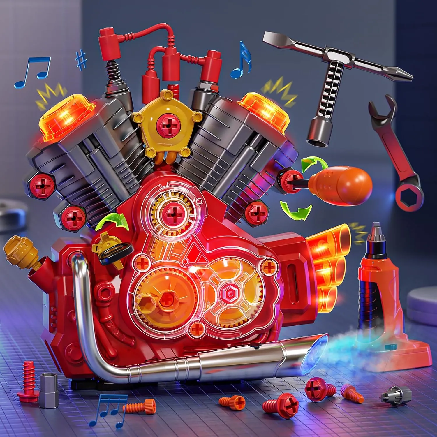 Engine Building Kit, Kids Mechanic Toys for Motorcycle Engine Toy, STEM Engine Model Kit Toy with Cool Light and Music, Educational Science Building for Boys Age 3 Year Old Mechanic Tools (Red)