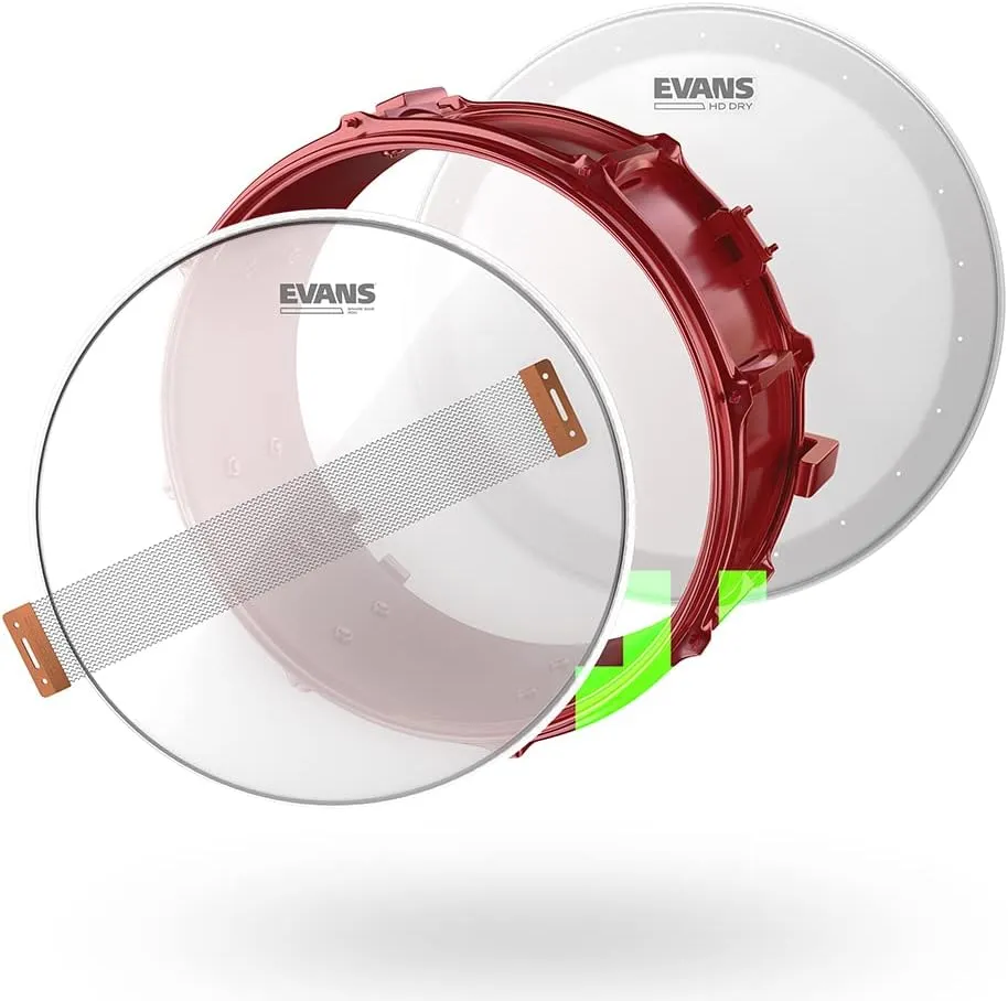 Evans Snare Drum Tune Up Kit - 14 Inch Snare Drum Heads - HD Dry and Clear Resonant Drumheads - EQ Pods - Snare Wires - Drumsticks - Maintenance Accessories