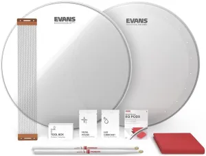 Evans Snare Drum Tune Up Kit - 14 Inch Snare Drum Heads - HD Dry and Clear Resonant Drumheads - EQ Pods - Snare Wires - Drumsticks - Maintenance Accessories