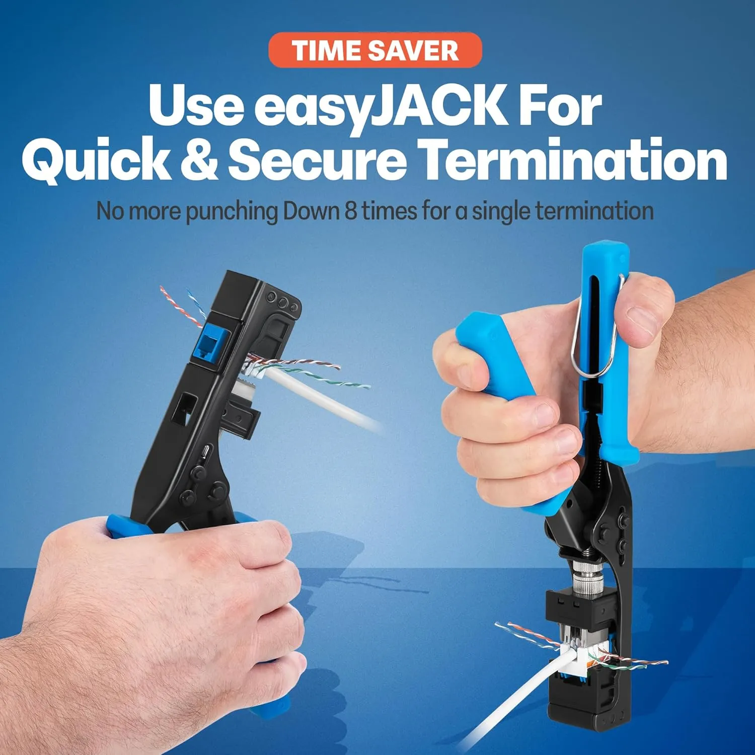 Everest easyJACK - 90° Angled Speed Termination Keystone Tool Set - with 20-Pack of RJ45 Cat6 Keystone Jacks in Blue (Slim Profile Design) - Time Saver Network Punch Down Tool Cat6
