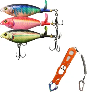 Exquisite Utility Fishing Tool and Lures Kit, Metal Fish Lip Gripper & 3 pcs Topwater Fishing Lures, A Cool Option for Angler