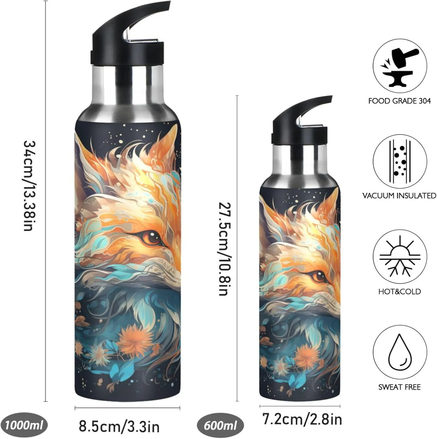 Fancy Watercolor Fox Sport Water Bottle Insulated Stainless Steel Large Vacuum Flask Leak Proof Thermos with Straw for Travel(600ml/1000ml)