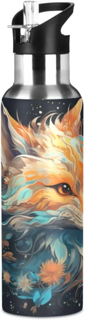 Fancy Watercolor Fox Sport Water Bottle Insulated Stainless Steel Large Vacuum Flask Leak Proof Thermos with Straw for Travel(600ml/1000ml)