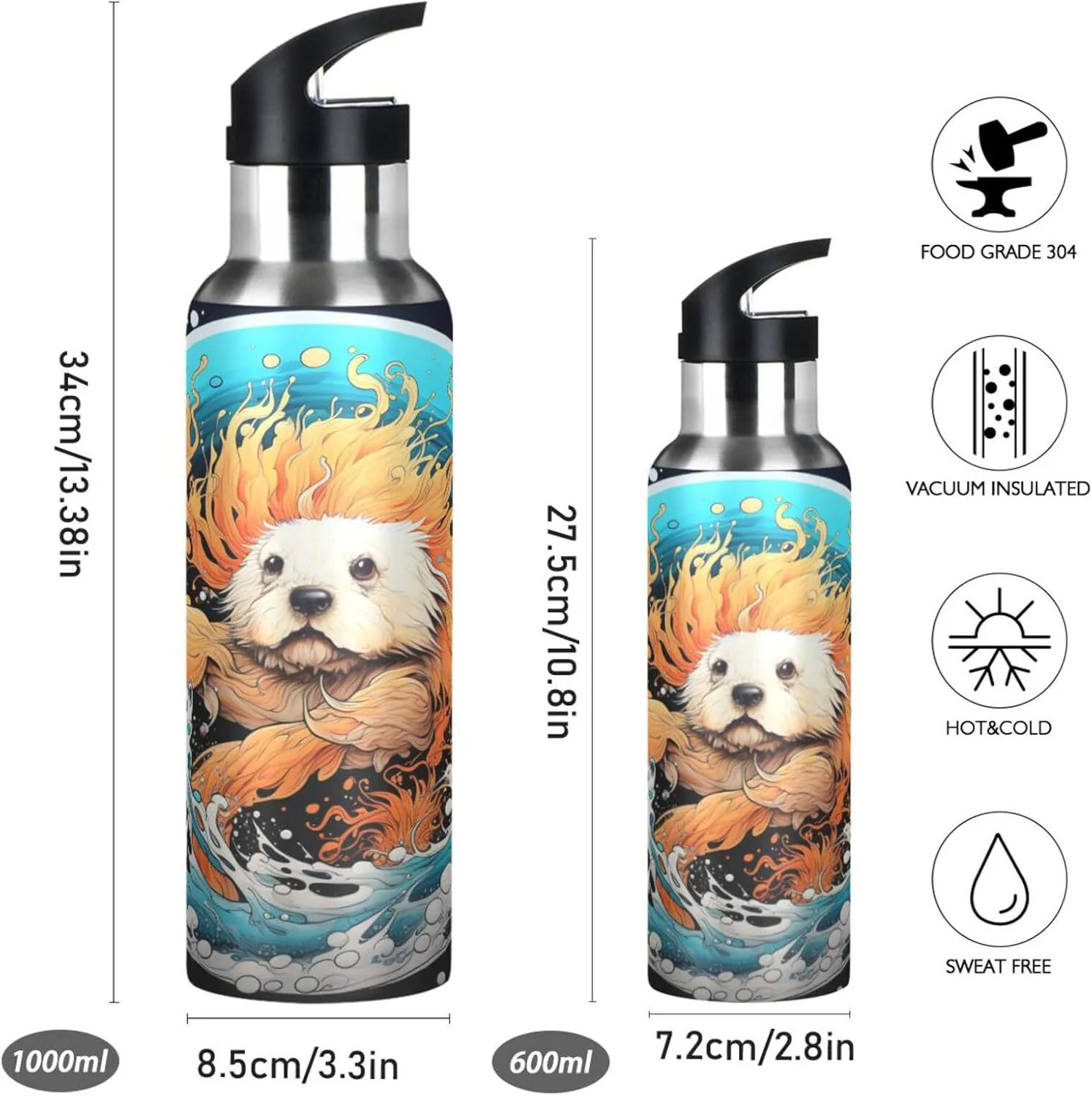 Fancy Watercolor Seal Sport Water Bottle Insulated Stainless Steel Large Vacuum Flask Leak Proof Thermos with Straw for Travel(600ml/1000ml)