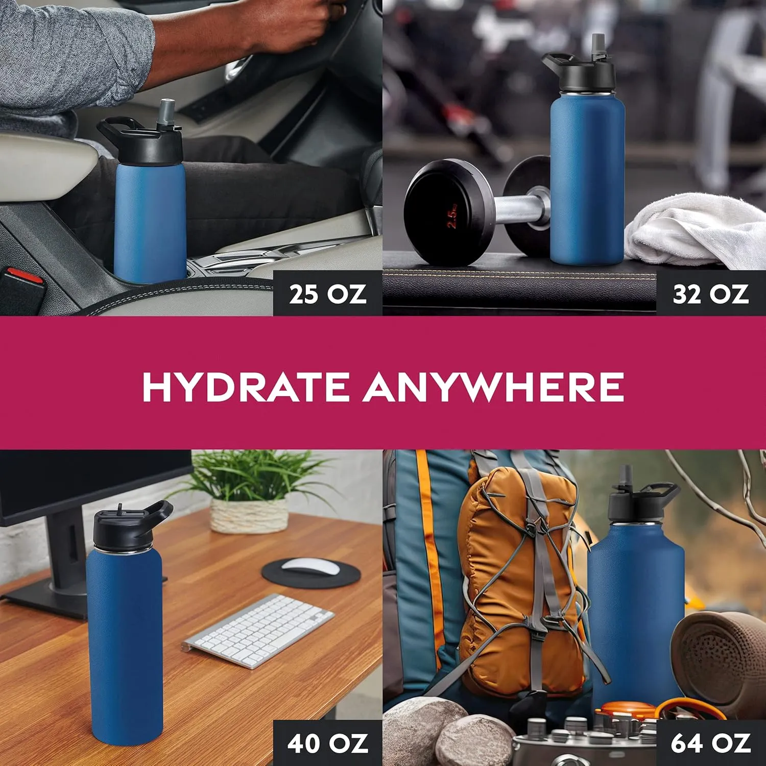 FineDine Triple Walled, Insulated Water Bottles with Straw - 32 Oz Stainless Steel Metal Bottle W/ 3 Leak Proof Lids - For Travel, School, Sports, Gym/Men, Women & Kids - Majestic Sapphire