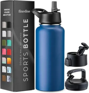 FineDine Triple Walled, Insulated Water Bottles with Straw - 32 Oz Stainless Steel Metal Bottle W/ 3 Leak Proof Lids - For Travel, School, Sports, Gym/Men, Women & Kids - Majestic Sapphire