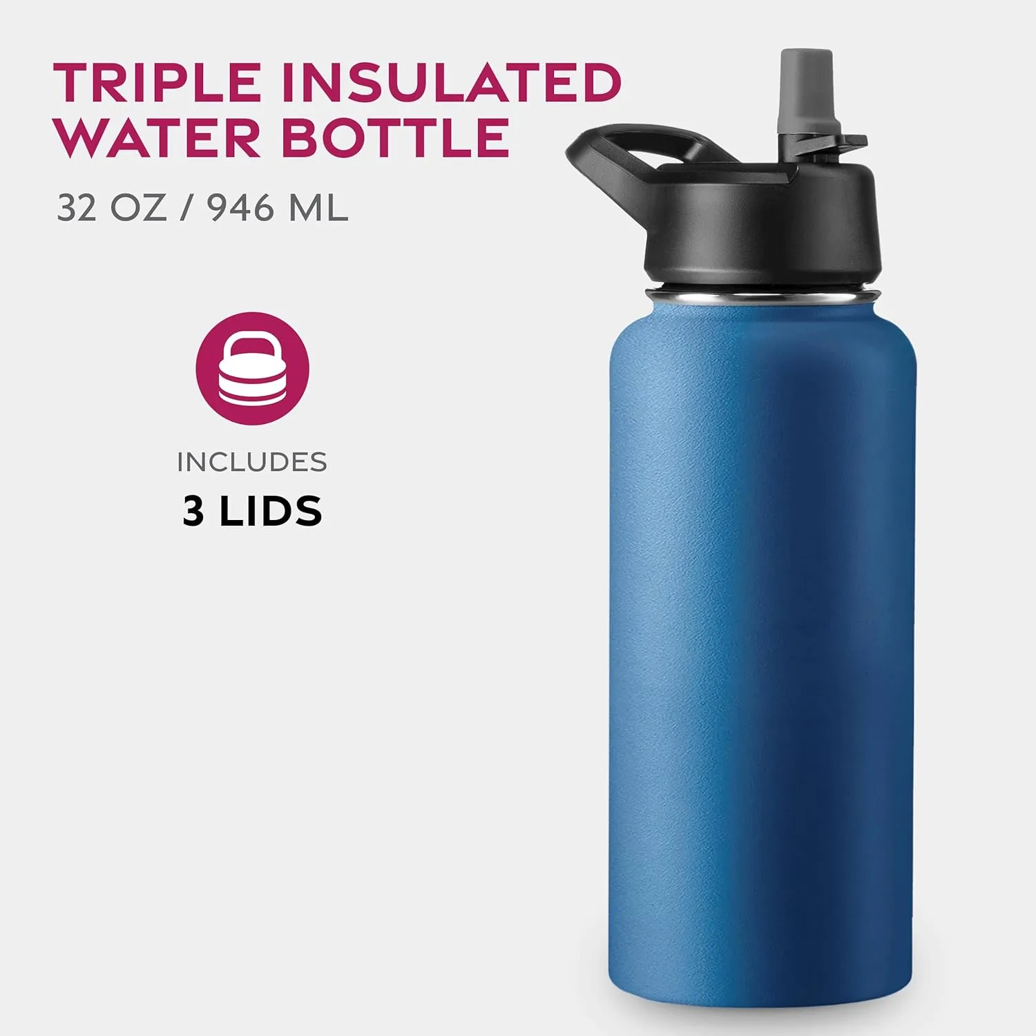 FineDine Triple Walled, Insulated Water Bottles with Straw - 32 Oz Stainless Steel Metal Bottle W/ 3 Leak Proof Lids - For Travel, School, Sports, Gym/Men, Women & Kids - Majestic Sapphire