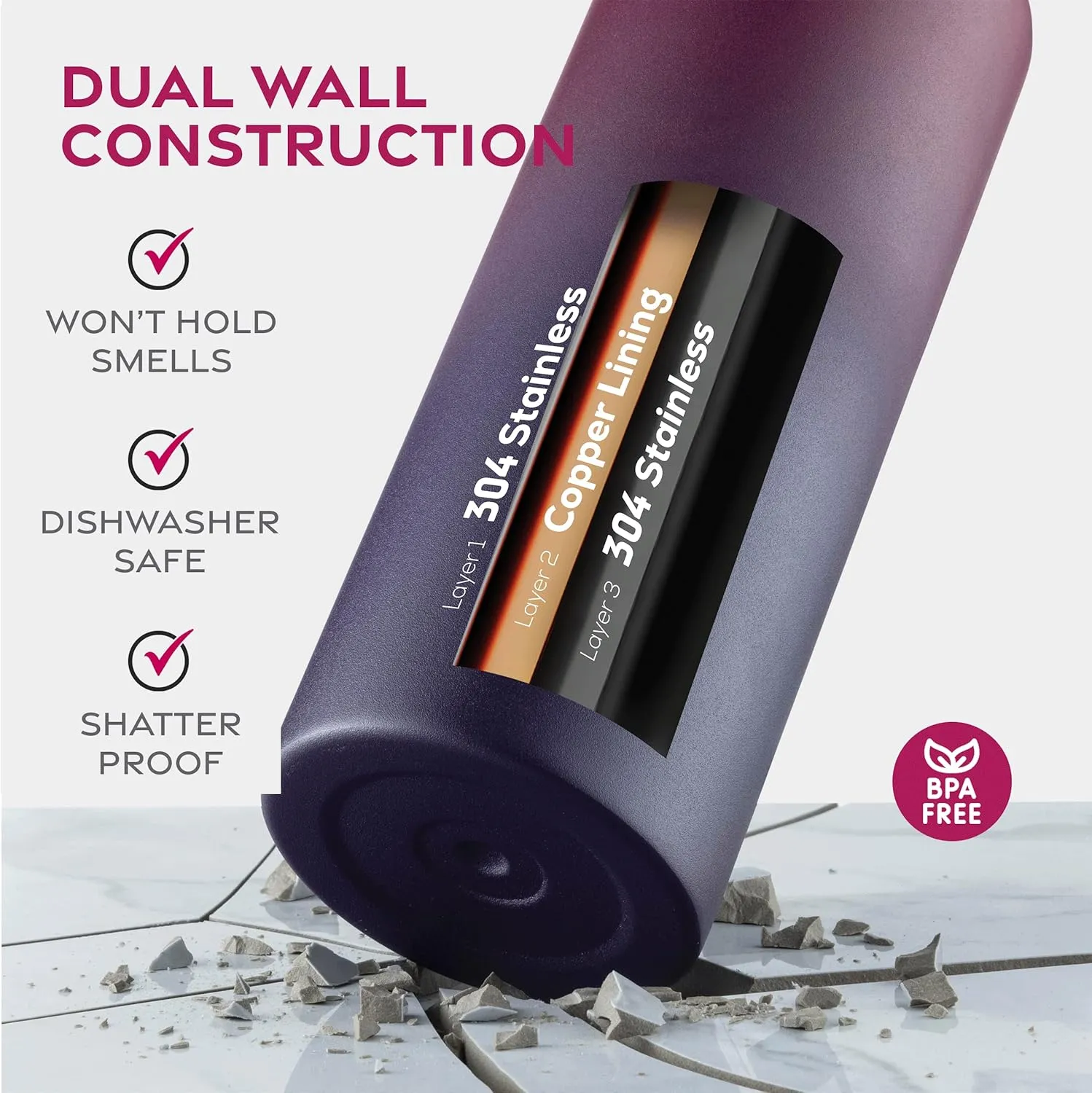 FineDine Water Bottle - Stainless Steel Insulated Water Bottle with Straw Lid, Flip Lid & Wide-Mouth Cap - Keeps Hot and Cold - 25 Oz / 739ml - Dreamy Purple