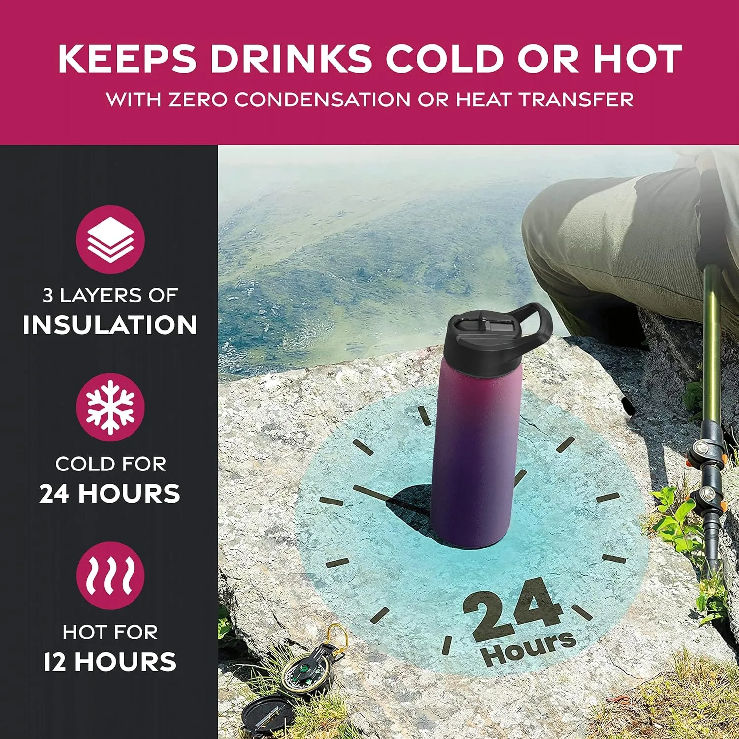 FineDine Water Bottle - Stainless Steel Insulated Water Bottle with Straw Lid, Flip Lid & Wide-Mouth Cap - Keeps Hot and Cold - 25 Oz / 739ml - Dreamy Purple