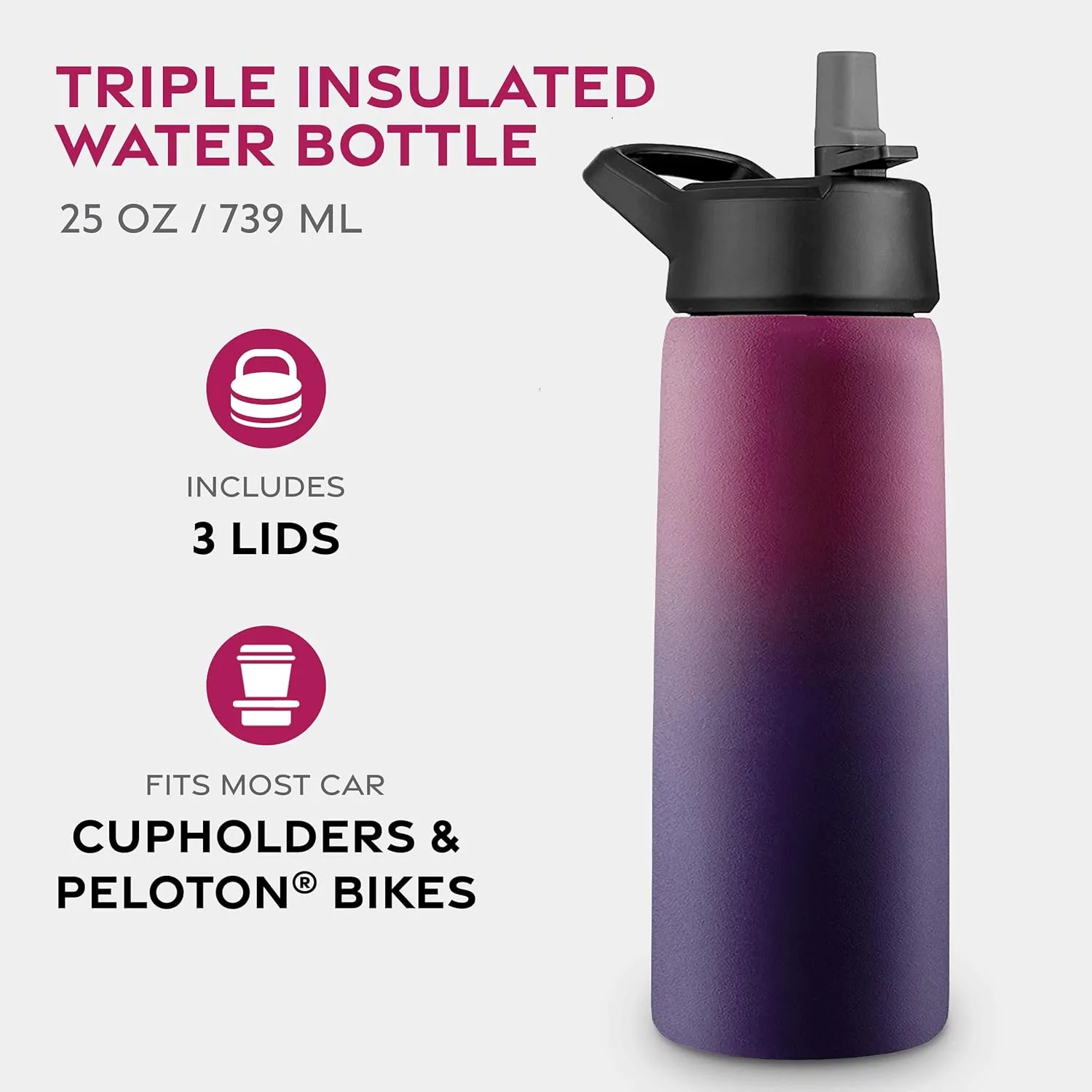 FineDine Water Bottle - Stainless Steel Insulated Water Bottle with Straw Lid, Flip Lid & Wide-Mouth Cap - Keeps Hot and Cold - 25 Oz / 739ml - Dreamy Purple