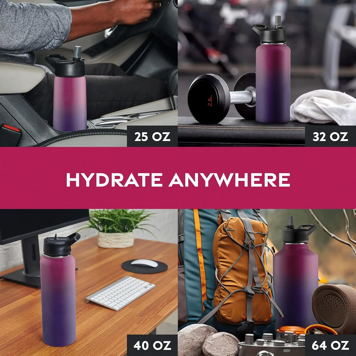 FineDine Water Bottle - Stainless Steel Insulated Water Bottle with Straw Lid, Flip Lid & Wide-Mouth Cap - Keeps Hot and Cold - 25 Oz / 739ml - Dreamy Purple