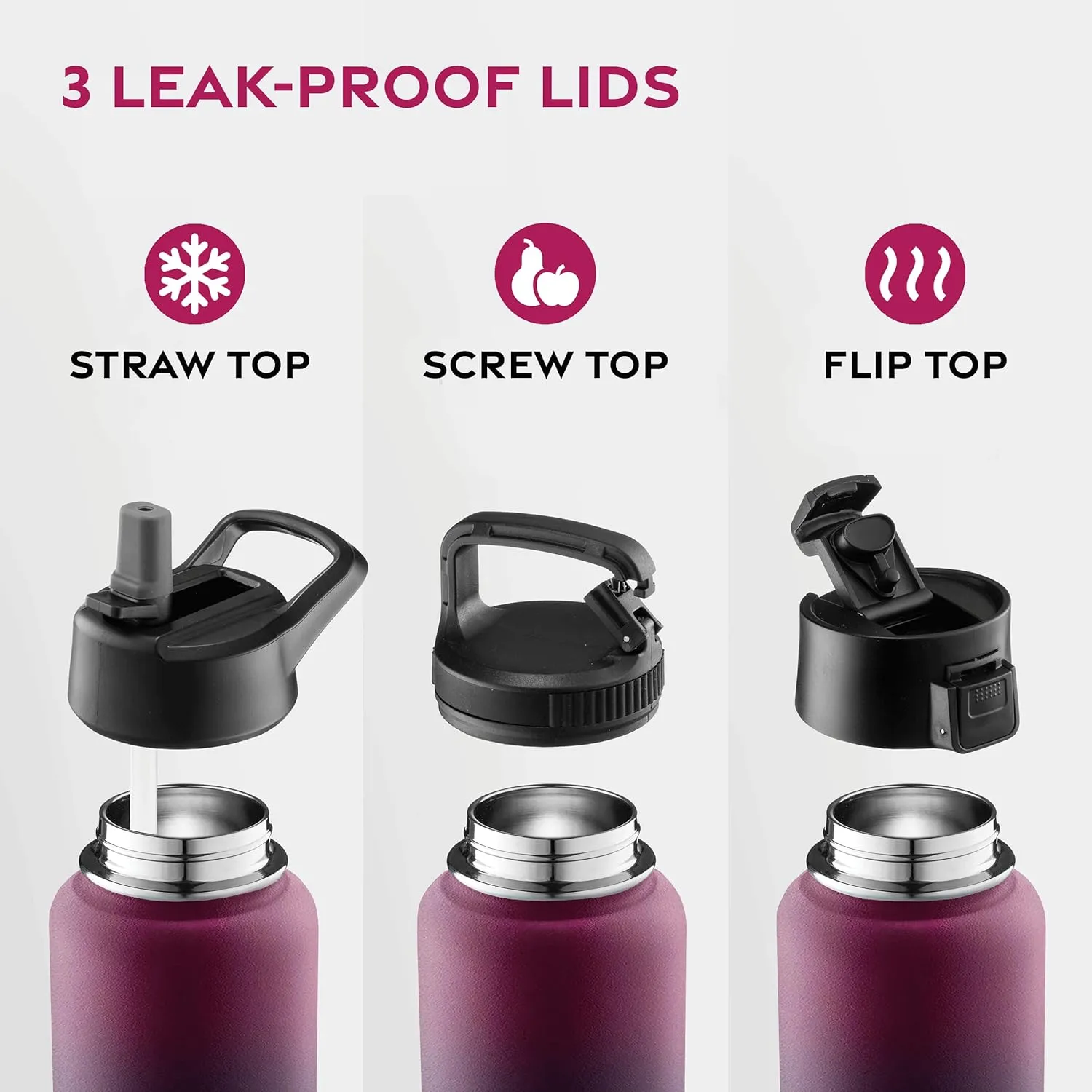 FineDine Water Bottle - Stainless Steel Insulated Water Bottle with Straw Lid, Flip Lid & Wide-Mouth Cap - Keeps Hot and Cold - 25 Oz / 739ml - Dreamy Purple