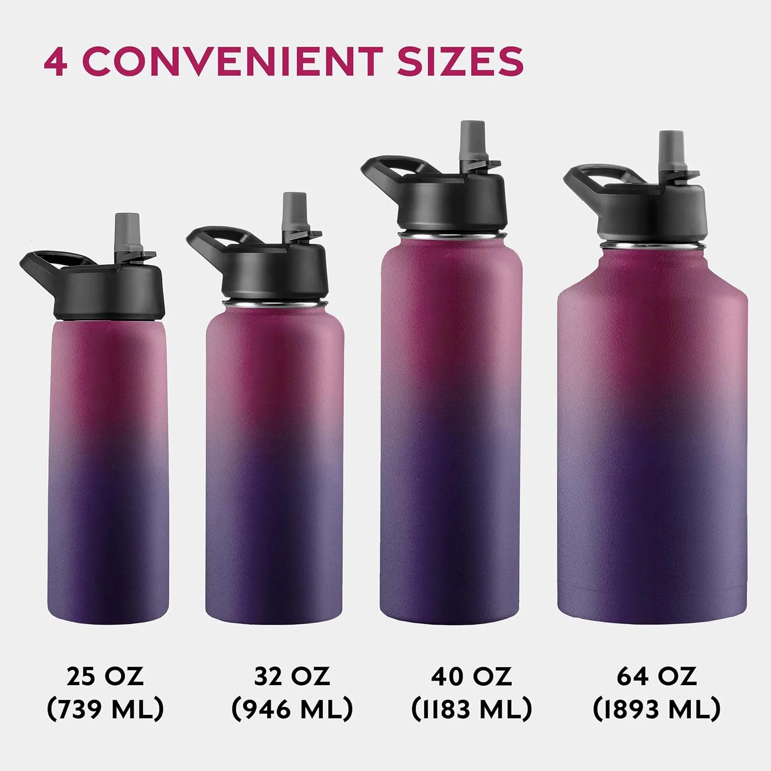 FineDine Water Bottle - Stainless Steel Insulated Water Bottle with Straw Lid, Flip Lid & Wide-Mouth Cap - Keeps Hot and Cold - 25 Oz / 739ml - Dreamy Purple