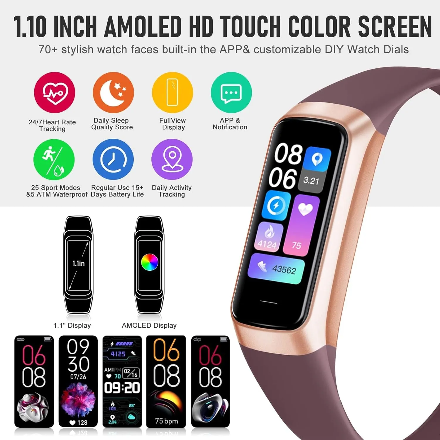 Fitness Tracker, Blood Pressure Watch with 24/7 Heart Rate, Step Counter for Walking, Step Trackers Activity Pedometer for Women Men Android iOS