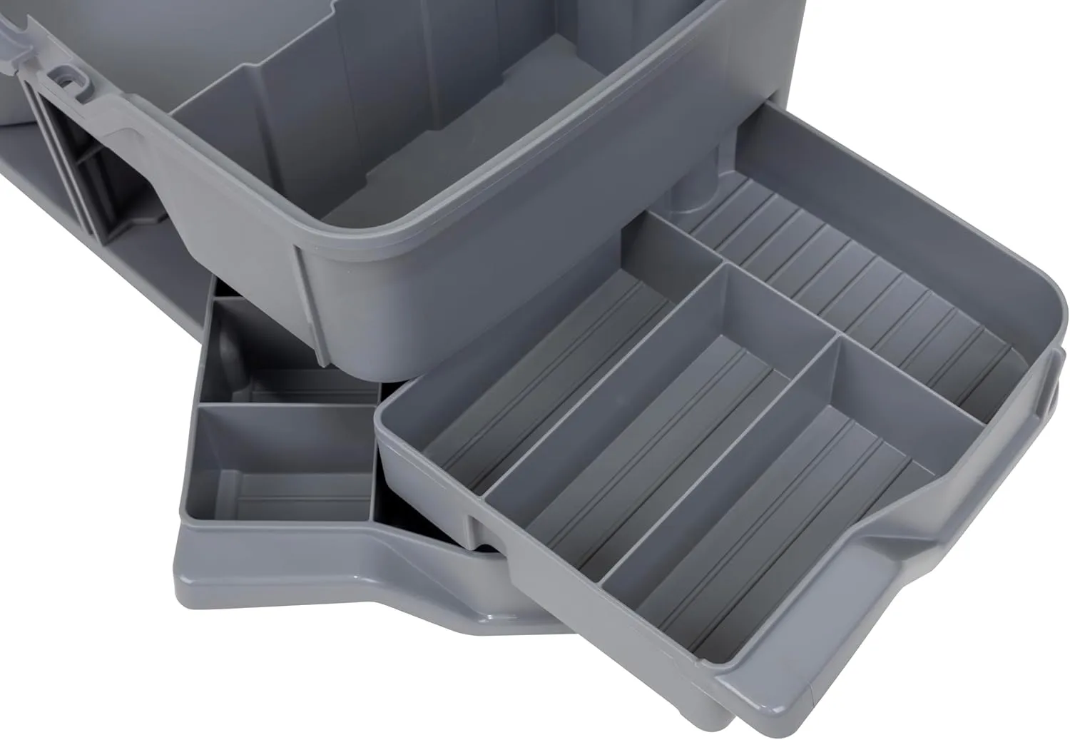 Flambeau Outdoors Next Gen 4/0 Medium Fishing Tackle Box - 4 Pivot Trays, 23 Compartments, Includes 25-piece Tackle Kit, Fishing Tackle and Gear Storage, Fishing Lure Organizer, Light Gray