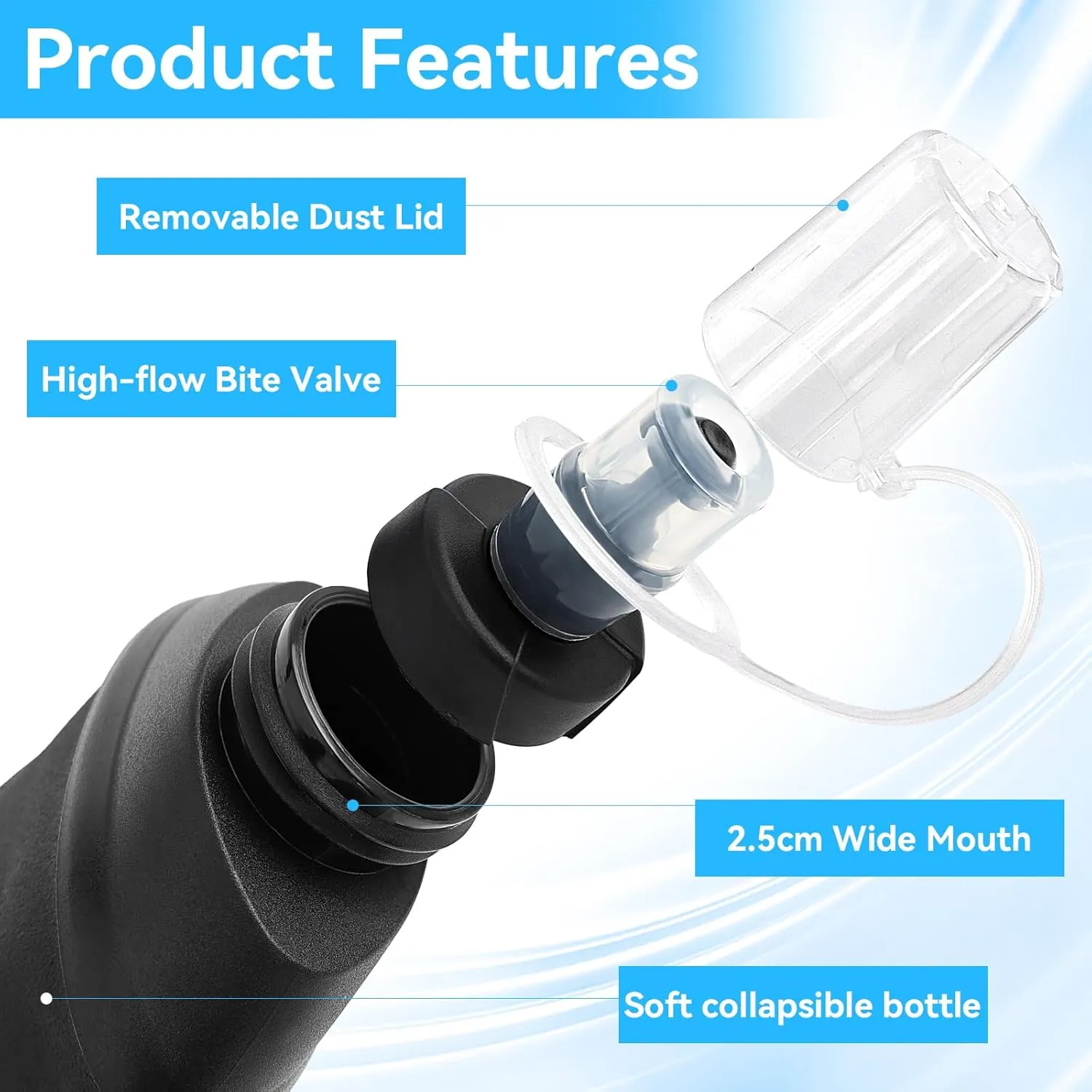 FR 500ml Soft Flask, Collapsible Soft Water Bottle for Hydration Packs - Running & Hiking Folding Water Bottle （Black）