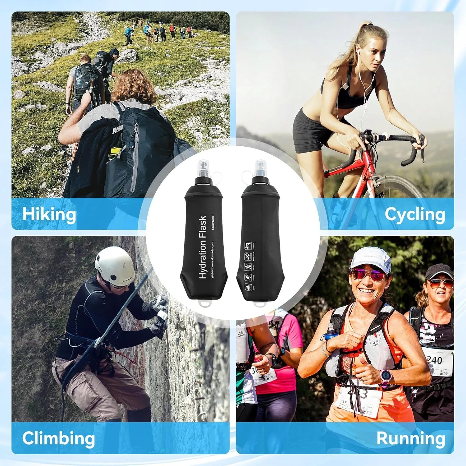 FR 500ml Soft Flask, Collapsible Soft Water Bottle for Hydration Packs - Running & Hiking Folding Water Bottle （Black）
