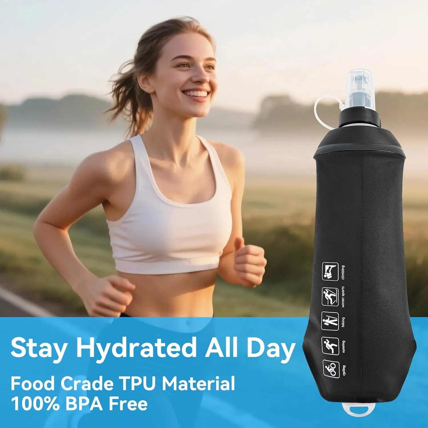 FR 500ml Soft Flask, Collapsible Soft Water Bottle for Hydration Packs - Running & Hiking Folding Water Bottle （Black）