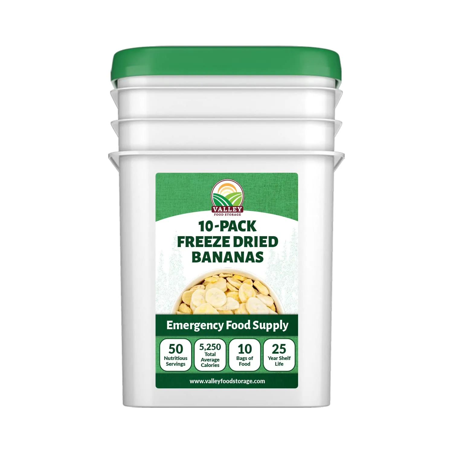 Freeze Dried Banana Slices 10-Bag Bucket, 53 Oz | Premium Emergency Food Supply 25 Year Shelf Life | Prepper Supplies, Survival Food, Off Grid Living Supplies | Valley Food Storage Packaged in USA