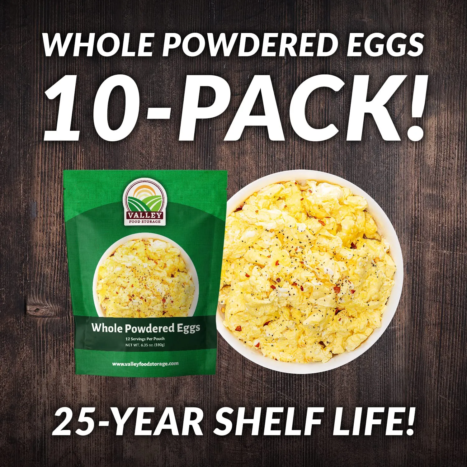 Freeze Dried Whole Powdered Eggs 10-Bag Bucket, 63.5 Oz | Premium Emergency Food Supply 25 Year Shelf Life | Non-GMO Prepper Supplies, Survival Food, Off Grid Living Supplies | Valley Food Storage