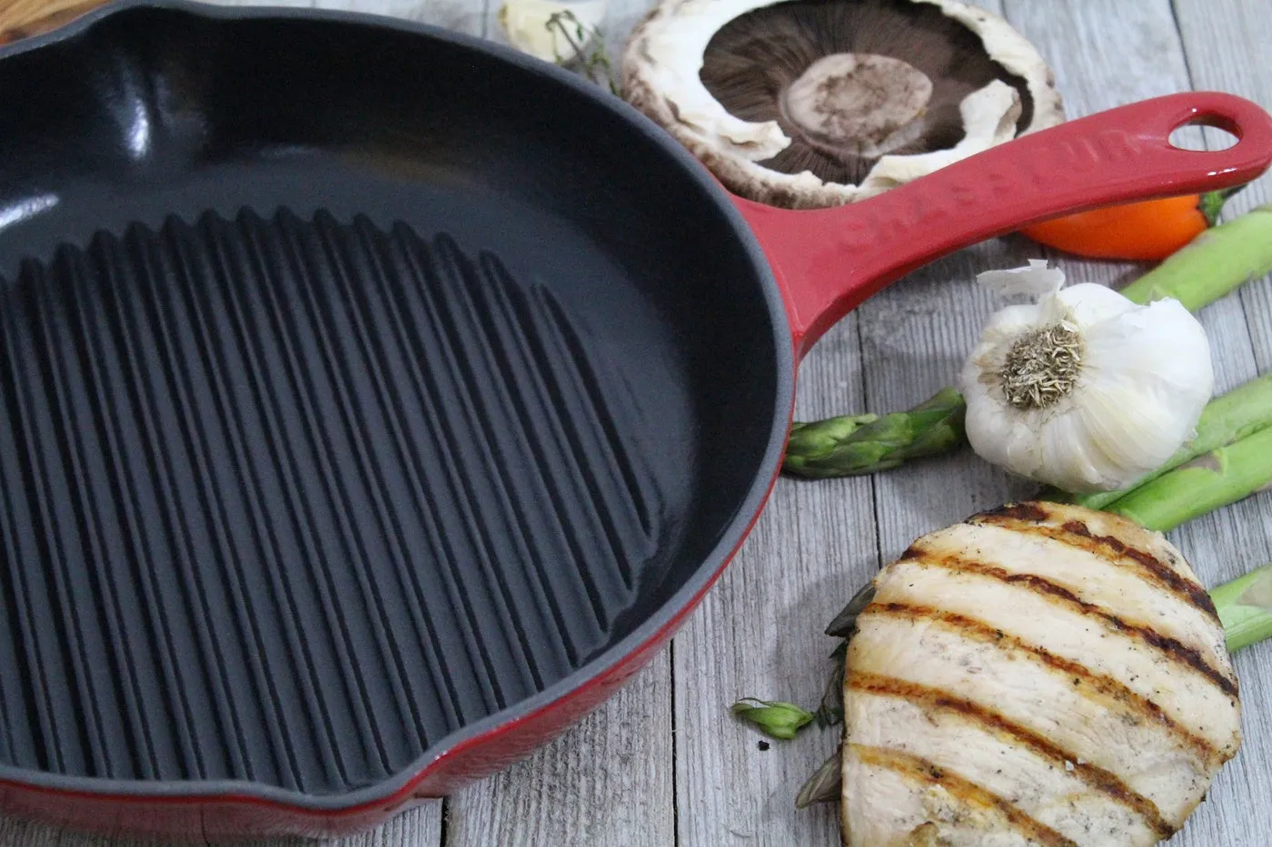 French Round Enameled Cast Iron Grill Pan, 10-Inch, Red