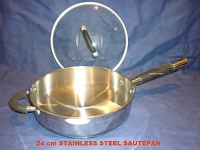 FRYING PAN , SAUTEPAN, STAINLESS STEEL 24cm WITH GLASS LID - NEW IN BOX.