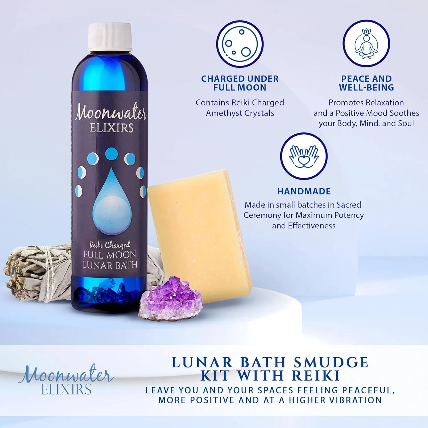 Full Moon Spiritual Bath Kit with Bath Oil, Sage Smudge Stick & Smudge Soap - Cleanse, Clarify & Recharge Your Energy, Aura Cleansing, Chakra Healing, Relaxation Rituals for Manifestation & Meditation