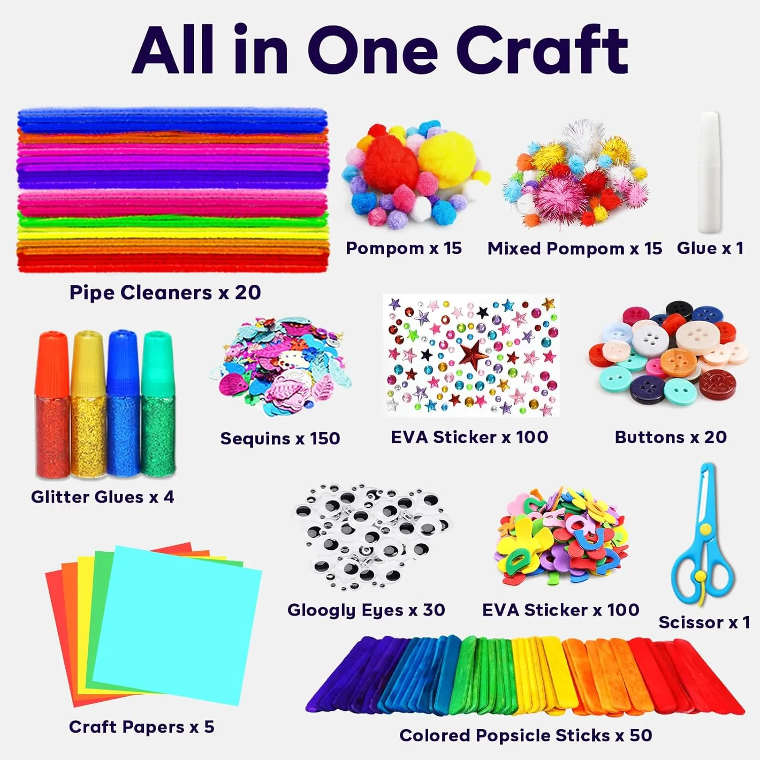 FUNZBO Arts and Crafts Supplies for Kids - Craft Kit with Glitter Glue Stick, Pipe Cleaners Pom Poms Craft & Craft Tools, DIY School Supplies Kit, Girls Toys, Birathday Gifts for Girls Boys Age 4 