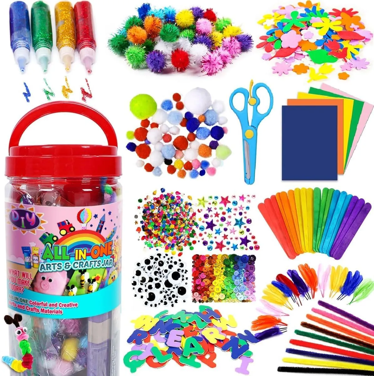 FUNZBO Arts and Crafts Supplies for Kids - Craft Kit with Glitter Glue Stick, Pipe Cleaners Pom Poms Craft & Craft Tools, DIY School Supplies Kit, Girls Toys, Birathday Gifts for Girls Boys Age 4 