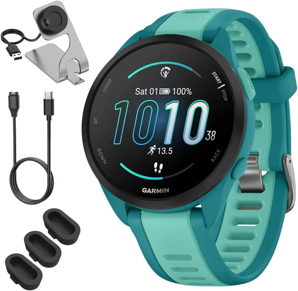 Garmin 010-02863-32 Forerunner 165 Music Smart Sport Watch, Turquoise   Aqua Bundle with Deco Essentials Charging Dock, 3X Silicone Dust Cover and USB Type C Charging and Sync Cable