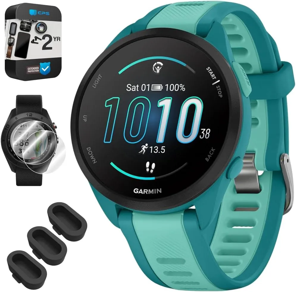 Garmin 010-02863-32 Forerunner 165 Music Smart Sport Watch, Turquoise   Aqua Bundle with Silicone Dust Cover 3 Pack, 2X 1.2 Inch Screen Protector and 2 YR CPS Enhanced Protection Pack