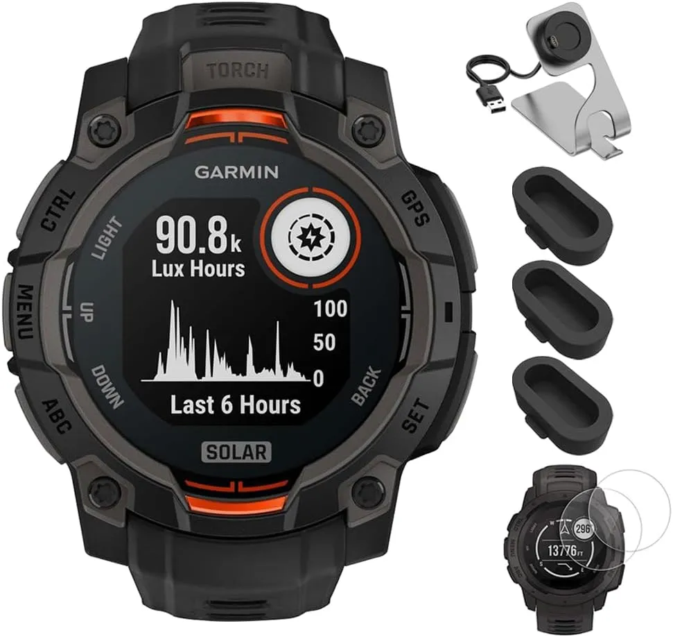 Garmin 010-02934-00 Instinct 3-45 mm Outdoor GPS Smartwatch Solar Black with Black Band Bundle with Deco Essentials Charging Dock, Silicone Dust Cover 3 Pack and 2-Pack Screen Protector