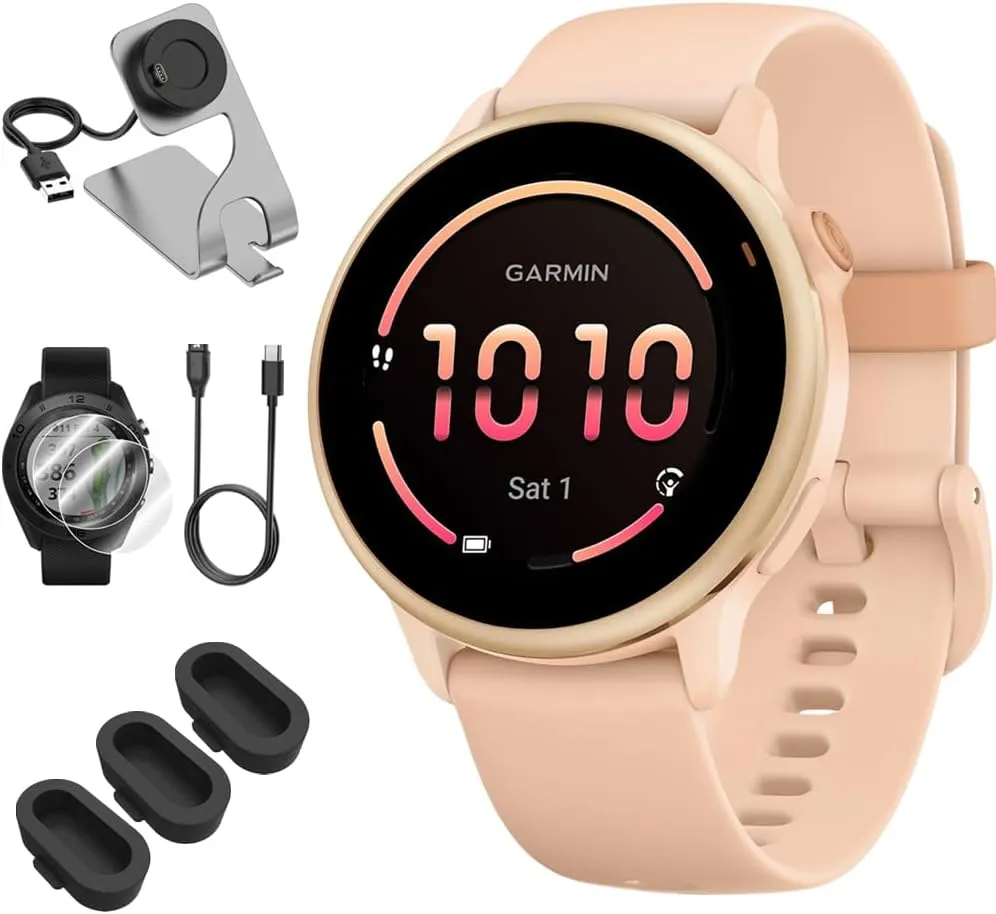 Garmin 010-02985-03 VIVOACTIVE 6 Health & Fitness GPS Smartwatch, Pink Dawn with Silicone Band Bundle with Deco Essentials Charging Dock, Type C Charger, Silicone Dust Covers & 2X Screen Protector