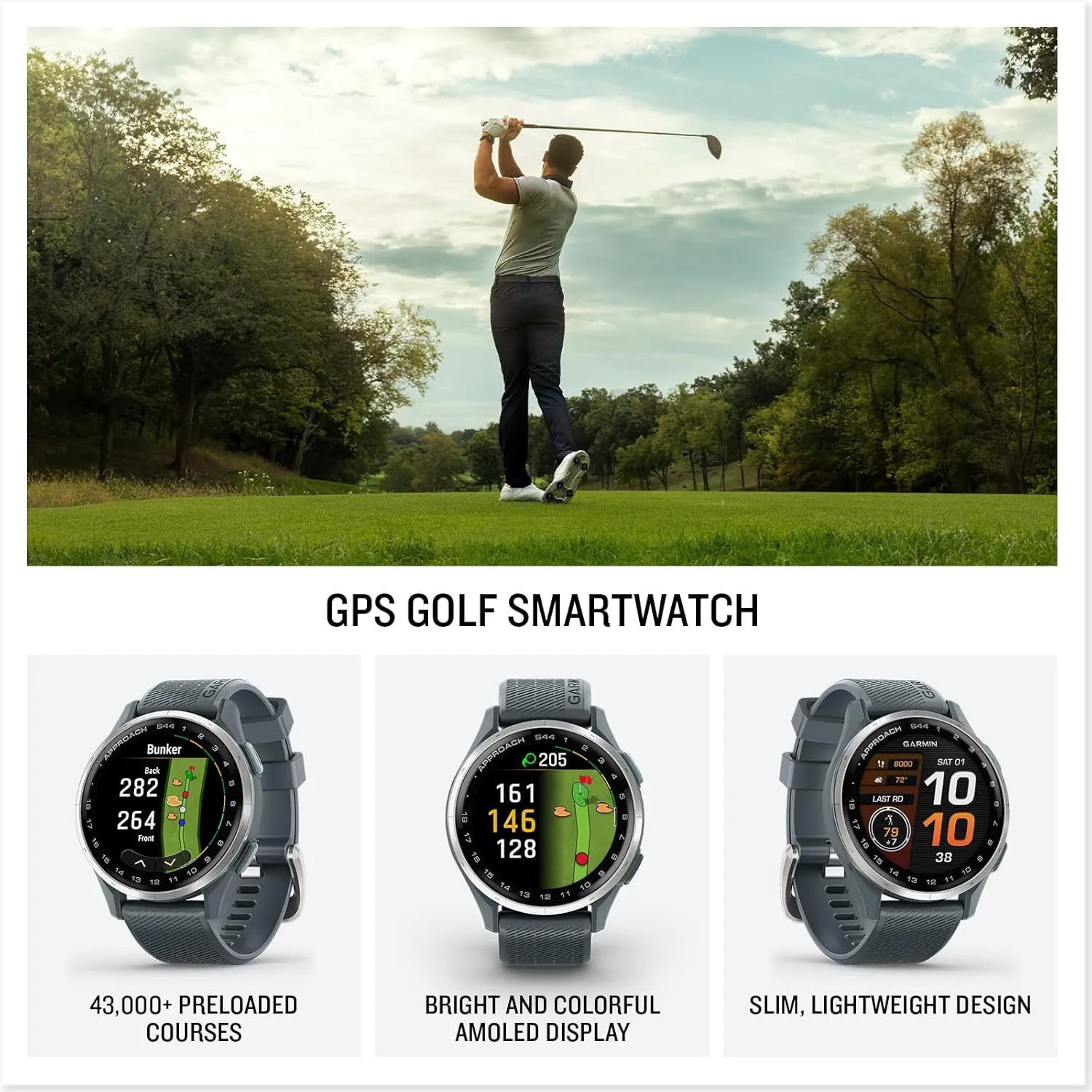 Garmin Approach® S44, Essential Golf GPS Smartwatch, AMOLED Display, On-Course Features, Silver Aluminum Bezel with Twilight Silicone Band