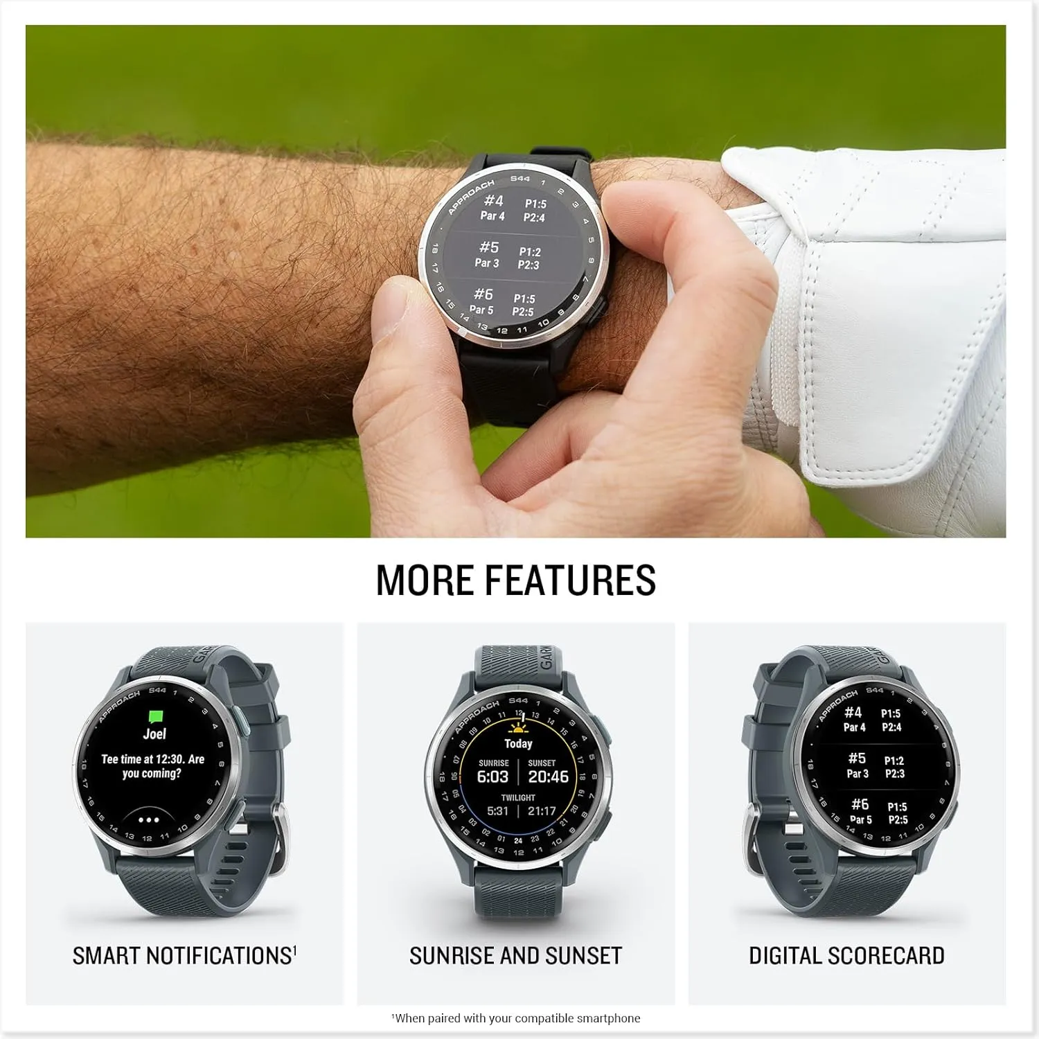 Garmin Approach® S44, Essential Golf GPS Smartwatch, AMOLED Display, On-Course Features, Silver Aluminum Bezel with Twilight Silicone Band